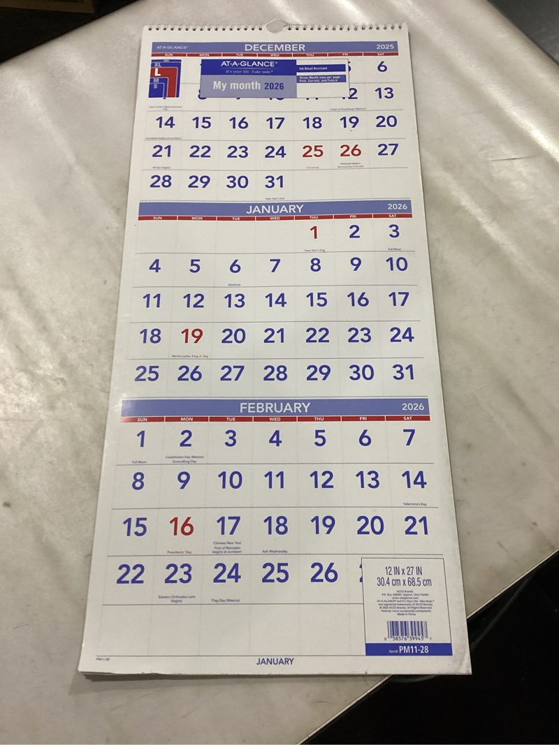 Condition photo showing Good Condition for AT-A-GLANCE 2026 Wall Calendar, 12" x 27", Large, Vertical, 3-Month Reference (PM112826) 2026 New Edition 12"W x 27"H