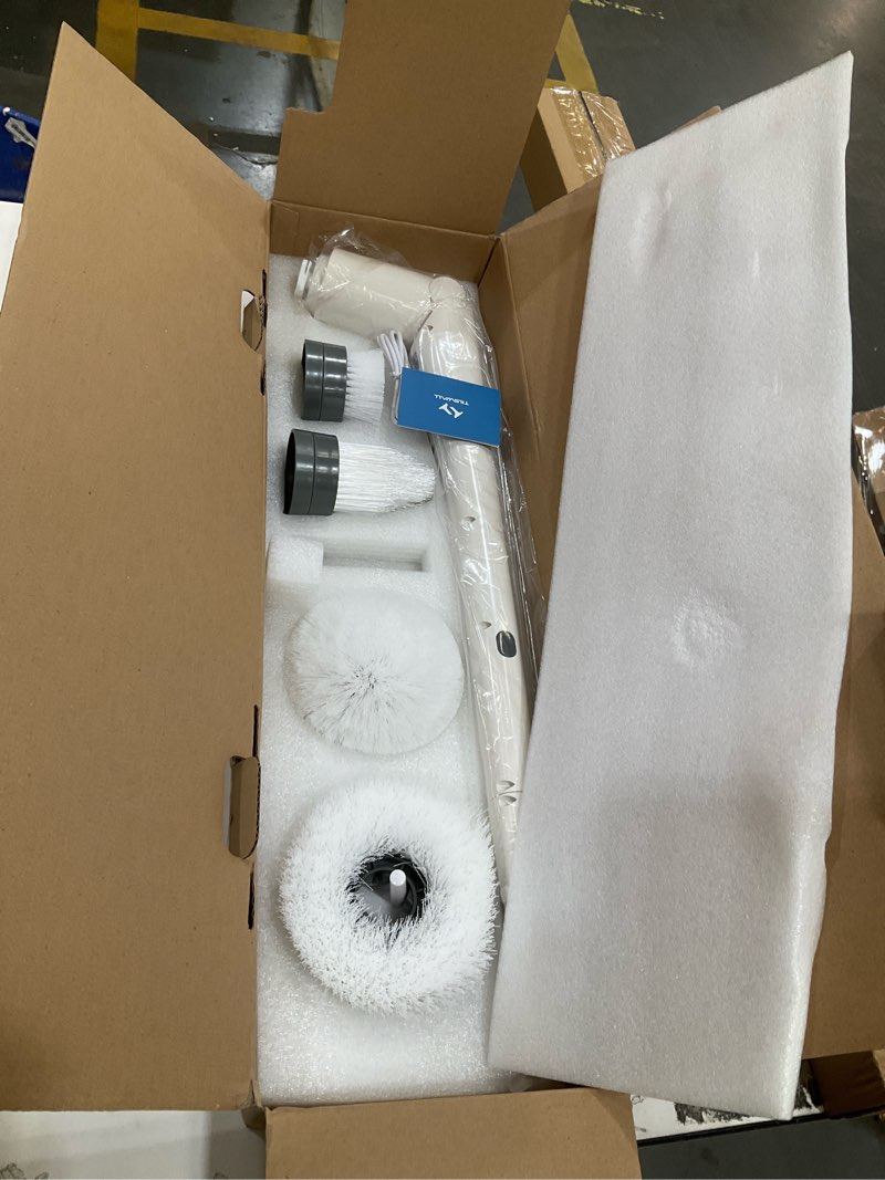 Condition photo showing Good Condition for tilswall electric spin scrubber - cordless shower power scrubber, bathroom cleaner tools set with 4 replaceable brush heads, grout cleaning brush with long handle for tile floor bathtub