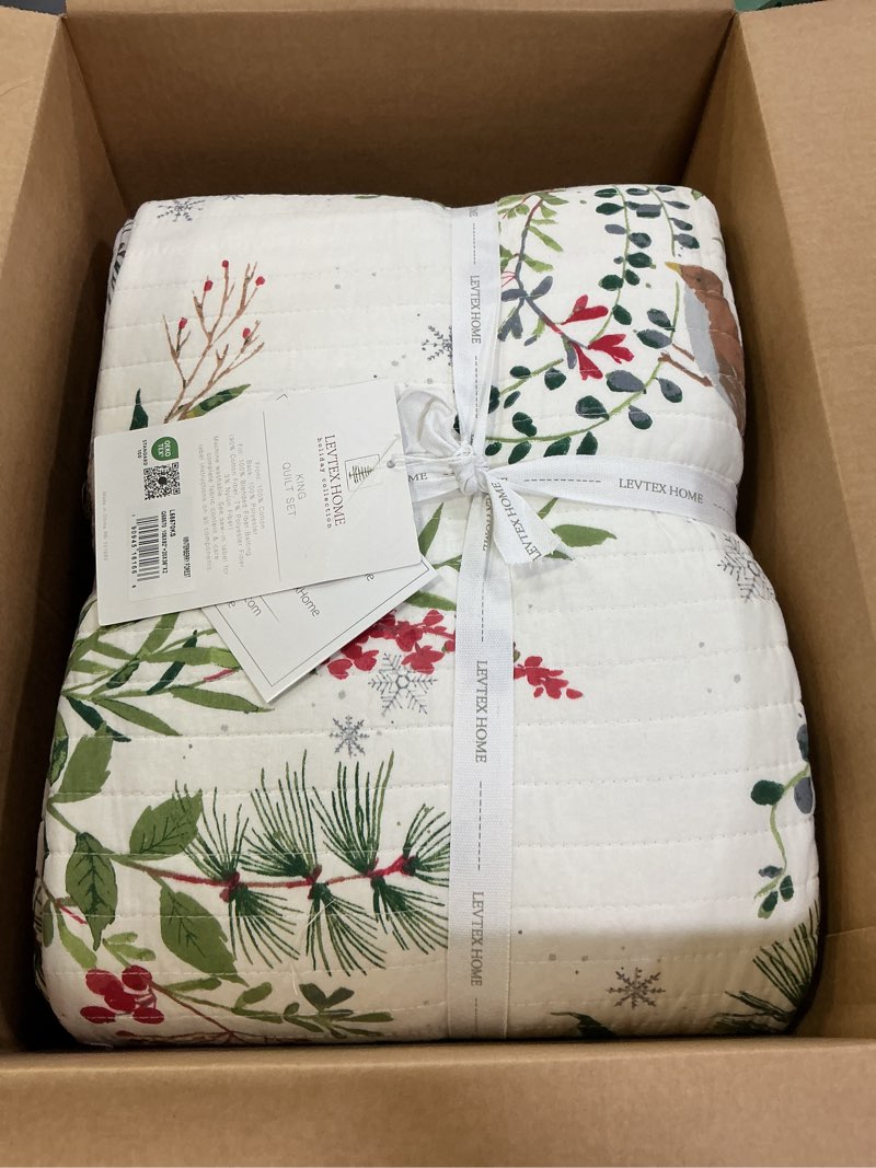Condition photo showing Good Condition for Levtex Home - Winterberry Forest Christmas Quilt Set - King/Cal King Holiday Quilt 106x92 and Two King Pillow Shams 20x36 - Green, Red, Grey and Cream - Reversible - Cotton/Polyester