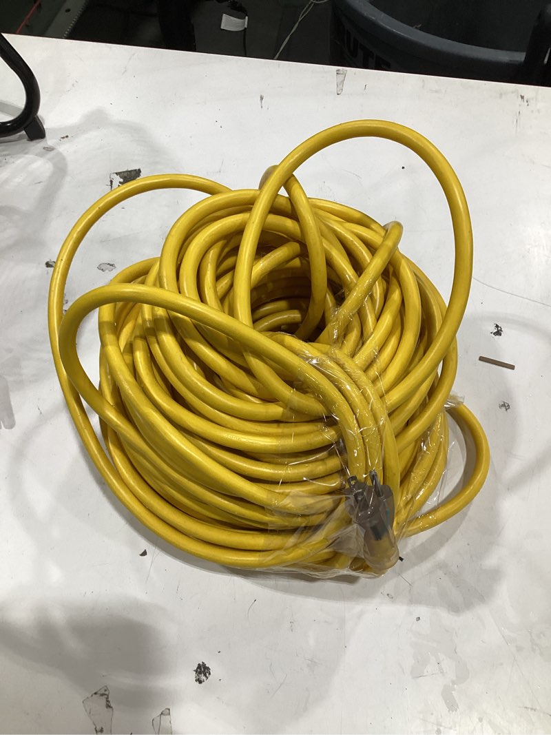 Condition photo showing As Is for powgrn 100 ft 12/3 outdoor extension cord waterproof heavy duty with lighted indicator end 12 gauge 3 prong, flexible cold-resistant long power cord outside, 15amp 1875w sjtw yellow etl listed 100 ft 12/3 extension cord yellow