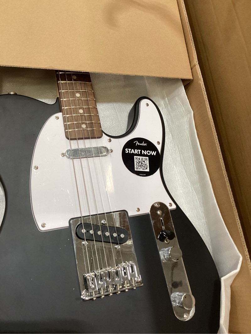 Condition photo showing As Is for fender squier debut series telecaster electric guitar, beginner guitar, 2-year warranty, includes free lessons, black with satin urethane finish