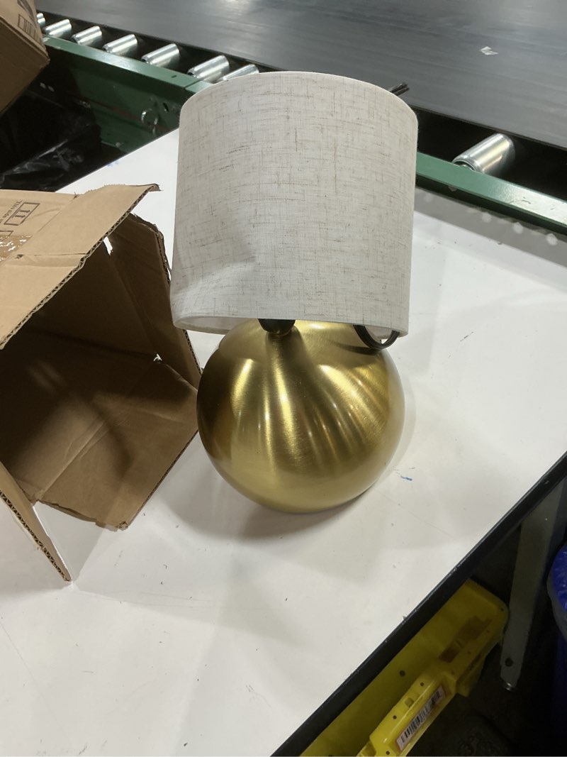 Condition photo showing As Is for lhyuetong modern golden small table lamp with cotton linen shade, 10.4-inch led desk light, one-button switch for bedroom, living room, nightstand, includes warm light bulb pack of 1 golden