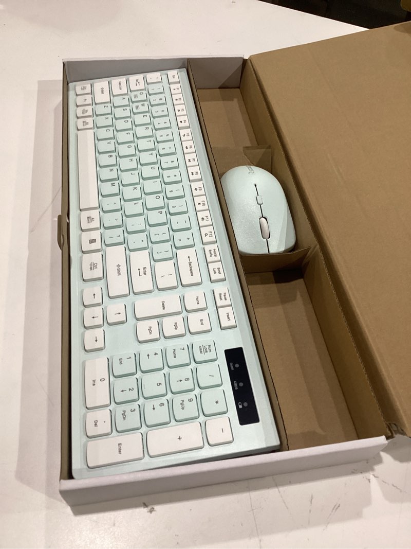 Condition photo showing New/Like New for wireless keyboard and mouse combo, full-sized wireless keyboard and adjustable dpi mouse, 2.4ghz usb receiver, keyboard and mouse for pc, windows, desktop, laptop (mint green and white)