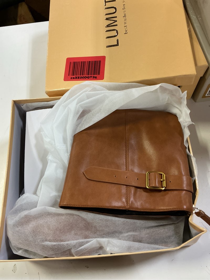 Condition photo showing New/Like New for women's knee high boots chunky heel square toe tall boots for women low heel back zipper boots size 7 brown