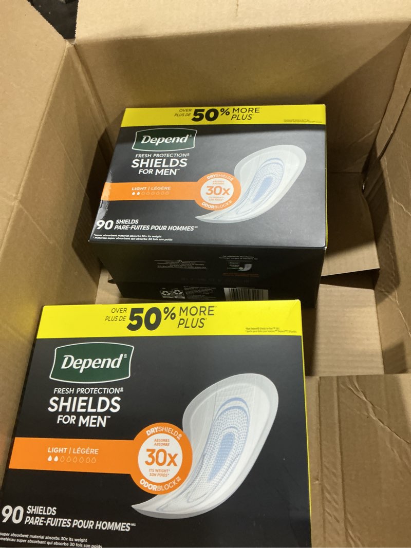 Condition photo showing New/Like New for (Bidding on 2 packs) Depend Shields Incontinence Pads for Men, Light Absorbency, 90 Count (Packaging May Vary)