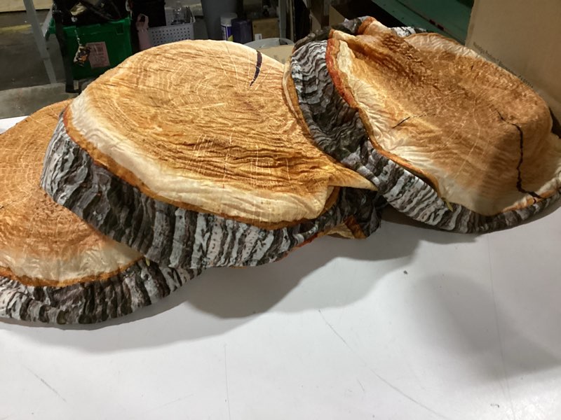 Condition photo showing As Is for (Missing 3 pillows) Unittype 6 Pcs Round Throw Pillow Wood Decorative Soft Circle Seating Tree Stump Pillow Floor Cushion Natural Wood Cushion 3D Digital Printing Forest Decor for Bedroom Living Room (Realistic)