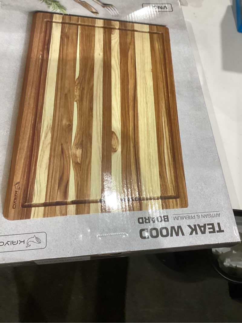 Condition photo showing New/Like New for KAIYO Teak Wood Cutting Board in size 1,4 x 11,9 x 16,5 inches, 3D Popup Card Bonus Gift Large Wood Cutting Board, Charcuterie Cheese Board