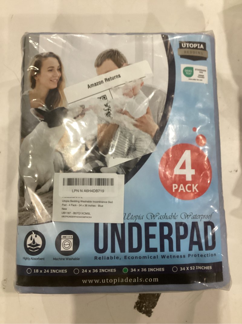 Condition photo showing New/Like New for Utopia Bedding Washable Underpads 34" x 36" (Pack of 4), Waterproof Reusable Heavy Absorbency Incontinence Bed Pads for Adults, Kids, Elderly and Pets, Bedwetting Pads for Sofa and Couch (Blue) 34x36 Inch (Pack of 4) Blue