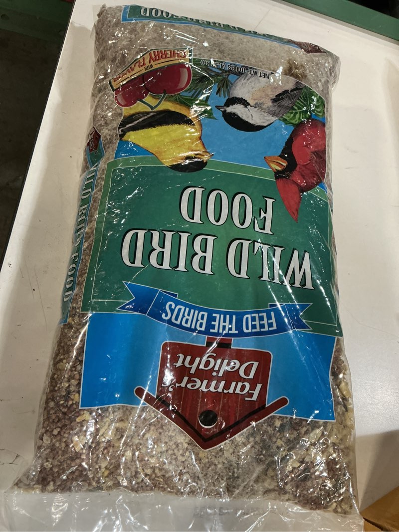 Condition photo showing New/Like New for (uknown expiration)  farmer s delight 10 lbs wild bird food with cherry flavor