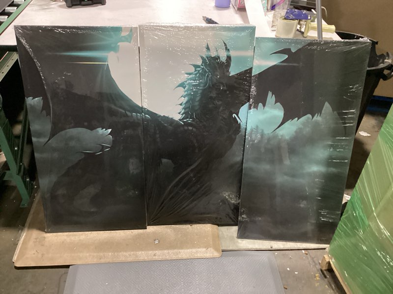 Condition photo showing As Is for tumovo dragon wall art bedroom swamp dragon art paintings black and white wall art two-winged quadrupedal dragon pictures canvas frame prints multi-panels art work for home wall, 60" wx40 h