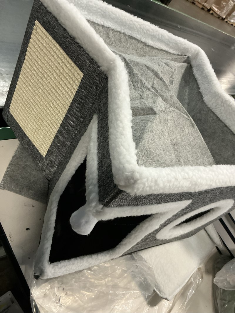 Condition photo showing Good Condition for cat cube for indoor cats with cooling mat & storage pocket, foldable cat house condo with scratch pad and hanging ball, grey
