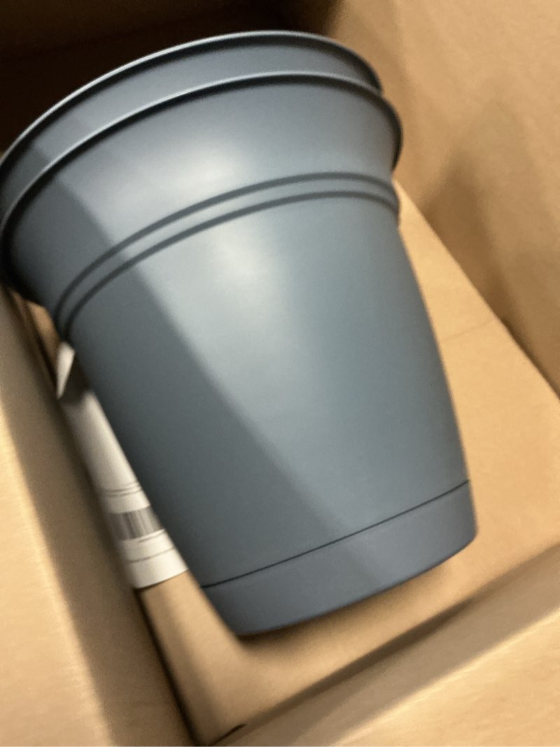 Condition photo showing Good Condition for the hc companies eclipse round planter with saucer - outdoor & indoor plant pot with drainage holes - lightweight, uv-resistant plastic pots for plants, flowers & herbs (16" slate blue, pack of 1) slate blue 16"