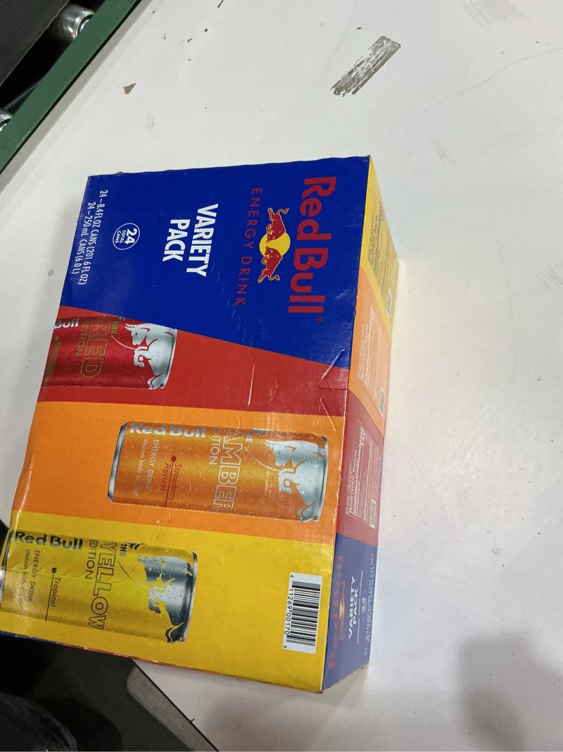 Condition photo showing Good Condition for (Unknown best by date)Red Bull Energy Drink Variety Pack, Red Bull Red, Yellow, and Amber Edition and Energy Drinks, 8.4 Fl Oz, 24 pack Cans Variety 8.4 oz., 24pk, (1x24)