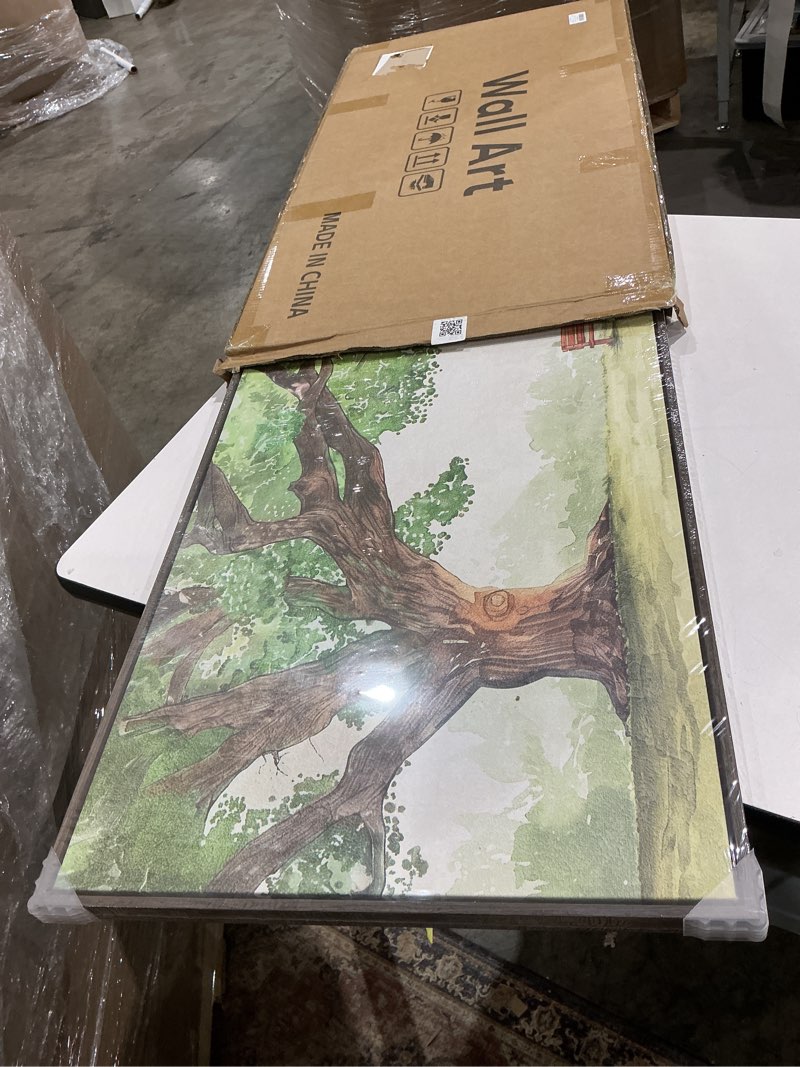 Condition photo showing Good Condition for framed landscape canvas wall art for living room - contemporary large tree shade sage green painting with park bench, nature artwork prints for bedroom office nursery hallway wall decor, 20x40 inch 40"l x 20"w tree