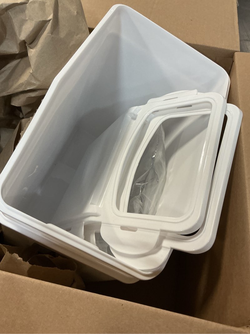 Condition photo showing As Is for 2 Pack Large Dog Food Storage Container, Flour Rice Storage Bin with 2 Measuring Cups, 25Lbs (15 Liters) with Wheels Seal Locking Lid PP Material, Sugar, Cereal and Dog Cat Pet food Containers