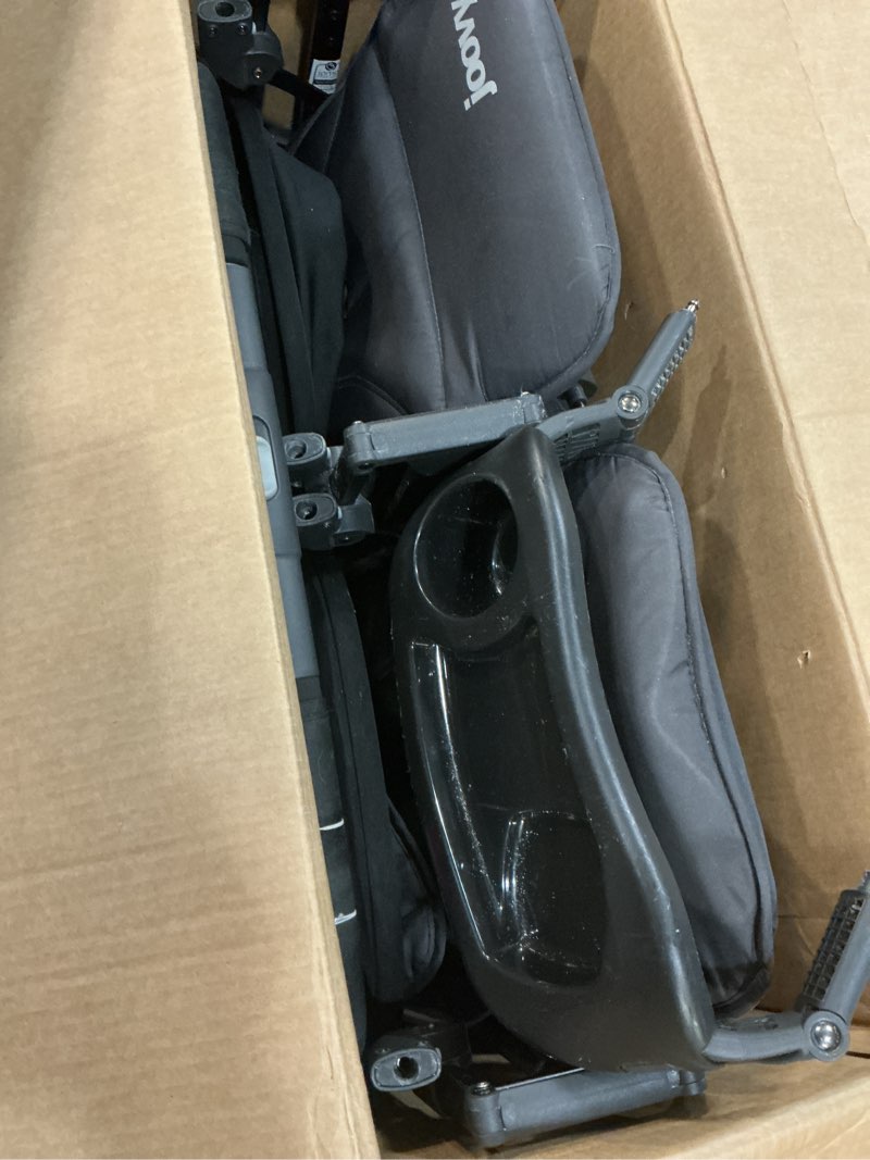 Condition photo showing As Is for joovy kooper x2 side-by-side double stroller featuring dual snack trays, one-handed fold, multi-position reclining seats, adjustable leg rests, and 2 zippered pockets for storage, forged iron kooper x2 double forged iron