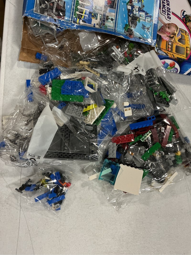 Condition photo showing As Is for lego city police station with van, garbage truck & helicopter toy 60316, gifts for 6 plus year old kids, boys & girls with 5 minifigures and dog toy standard packaging