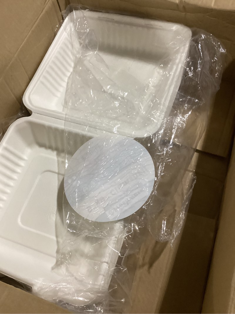 Condition photo showing New/Like New for freshware compostable 9x9" clamshell take out food containers [50-pack] - biodegradable sugarcane to go boxes - paper food container - microwave & freezer safe, stackable 9 x 9 inch 50.0