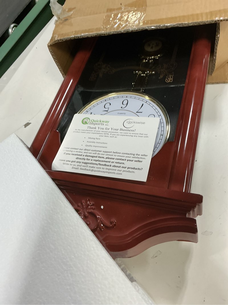 Condition photo showing Good Condition for clockswise large vintage grandfather wood- looking plastic pendulum wall clock for living room, kitchen, or dining room, large brown 23.7 inch height brown