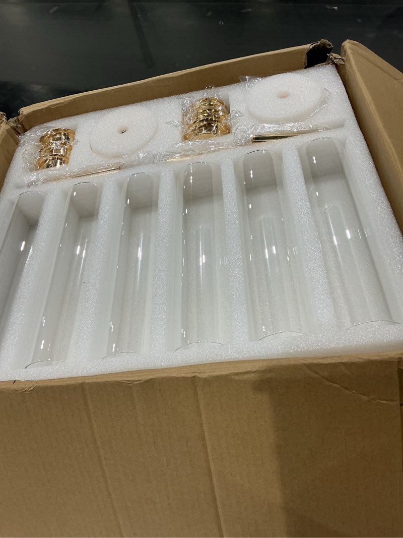 Condition photo showing Good Condition for teenyyou 12 set glass hurricane candle holders 11.8" open ended glass candleholder tube shape bottomless and 1.3" taper candlestick holders for wedding party table centerpiece (gold) gold 12