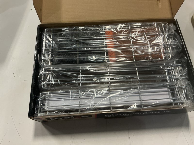 Condition photo showing Good Condition for Large Kabob Grilling Basket with Removable Handle. Stainless Steel construction with a Larger Capacity (12 x 2 x 2) and secure easy latch lid. (3-Piece Set – Bag & Sponges Included)