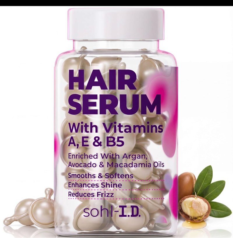 sohl-i.d. hair serum for frizzy hair, treatment for dry & damaged strands, suitable for curly hair, aceite y gotas para el cabello, tratamiento para cabello seco y maltratado, smooth & shine capsules