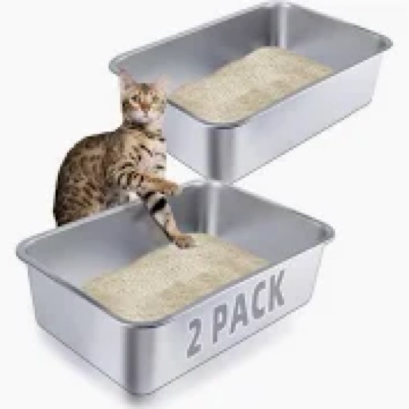 2 Pack Stainless Steel Cat Litter Box - Metal High-Sided Litter Pan for Cats, Rabbits, and Pets, Non