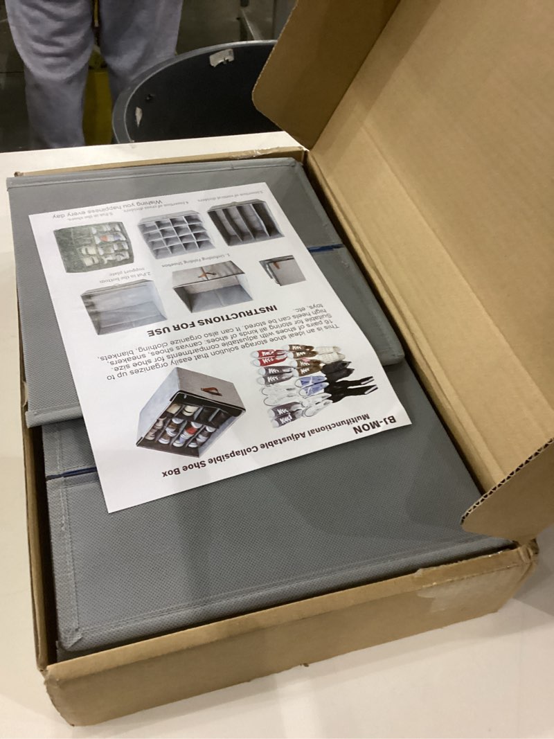 Condition photo showing As Is for Shoe Organizer for Closet, Foldable shoe storage,Adjustable Shoe Storage Containers,Fits up to 16 Pairs, Clear Foldable Shoe Storage Bins w/Bottom Support(Dark gray)