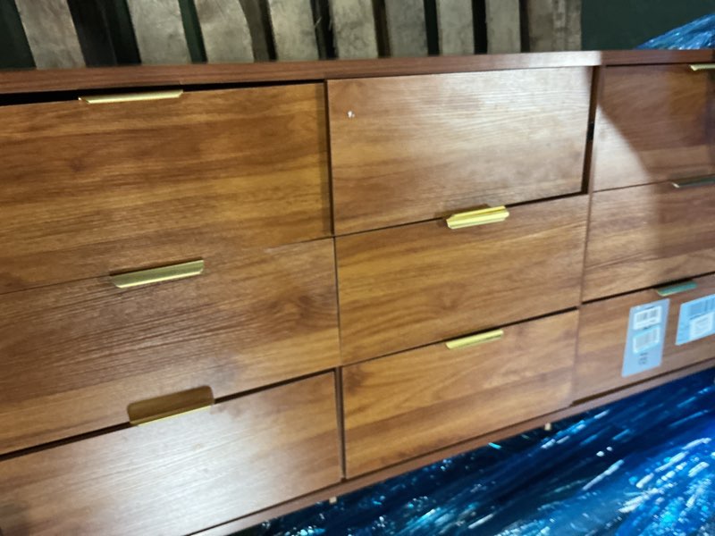 Condition photo showing As Is for Fluted Dresser for Bedroom with 9 Drawers, 63" Modern Chest of Drawers, Dresser TV Stand, Wood Drawer Organizer for Living Room, Hallway, Chestnut Chestnut 15.8"D x 63"W x 31.7"H (9 Drawers)