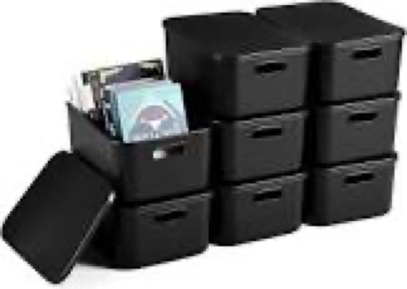 hoolerry 8 pieces colorful storage bins with lid, plastic storage basket organizing container stackable box with handle for shelves desktop playroom office(13.8 x 9.8 x 5.9 inch, 13.8 x 9.8 x 5.9 inch white and black