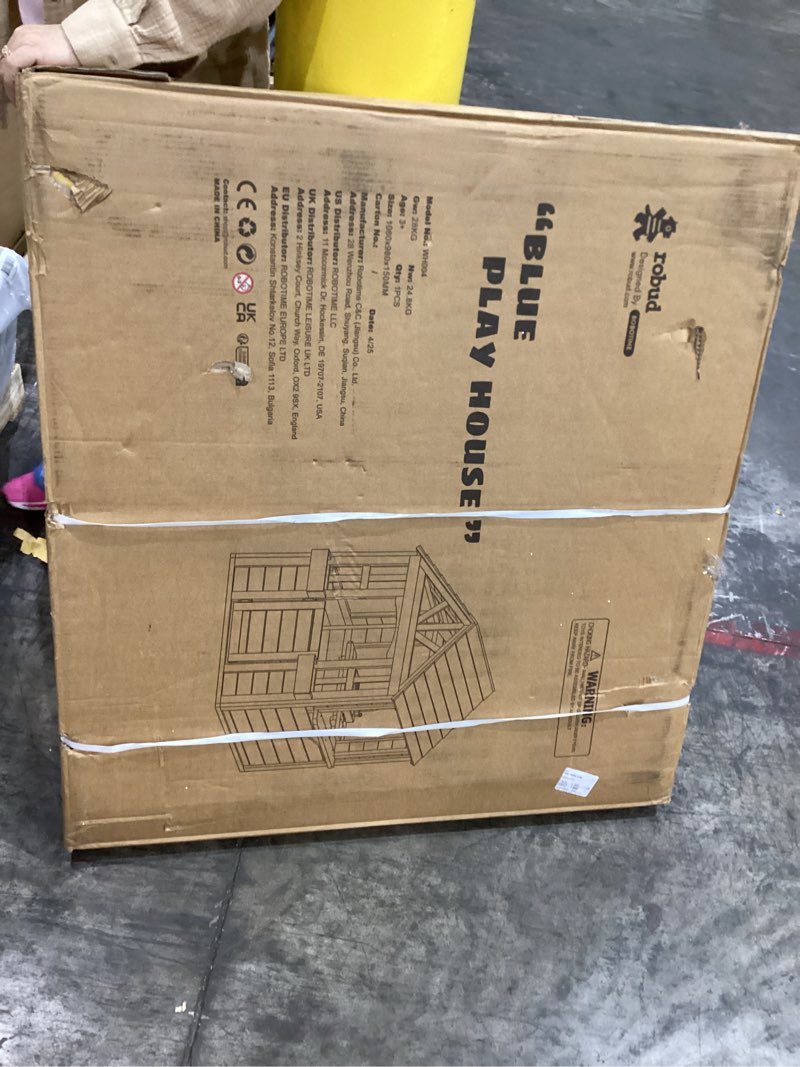 Condition photo showing Good Condition for robud wooden playhouse, outdoor kids playhouse with sink, stove, cookware, flowerpot holders, snack bar, cottage play house for backyard, blue