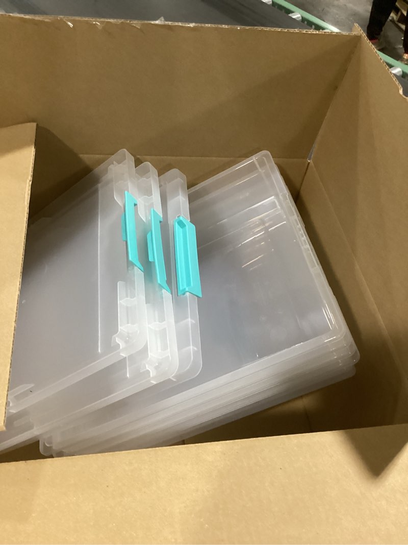 Condition photo showing Good Condition for IRIS USA 6 Qt. Storage Bins with Lids, 4-Pack, |Made in USA|, Small Plastic Craft Container Sensory Totes for Art Supplies, Paper, and Office, Stackable - Clear 6 Qt. - 4 Pack