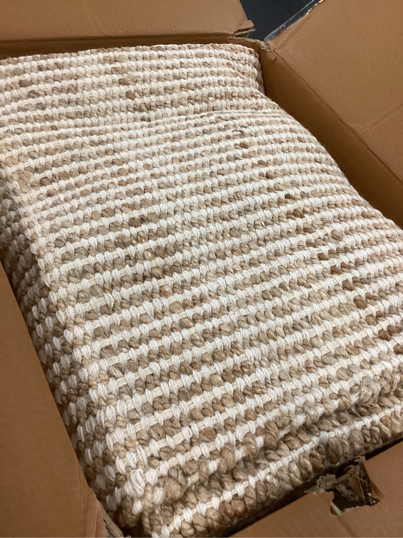 Condition photo showing Good Condition for 8x10 feet natural jute & wool area rug,– handwoven mini check natural fiber rug with 4" border, neutral boho farmhouse rug for living room,dining room,bedroom | 0.6" pile (8' x 10') 8' x 10' (rectangular) white -natural jute