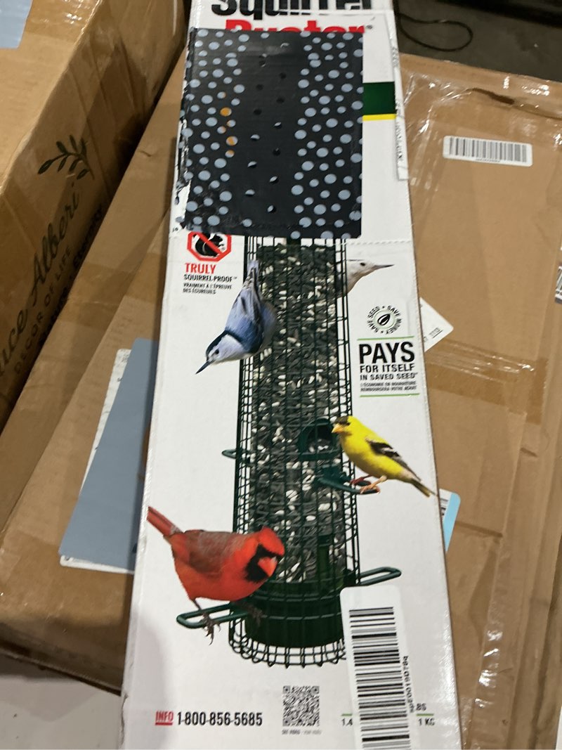Condition photo showing As Is for squirrel buster classic 5.3\"x5.3\"x32\" (w/hanger) wild bird feeder with 4 feeding ports, 2.4lb seed capacity, 1pack