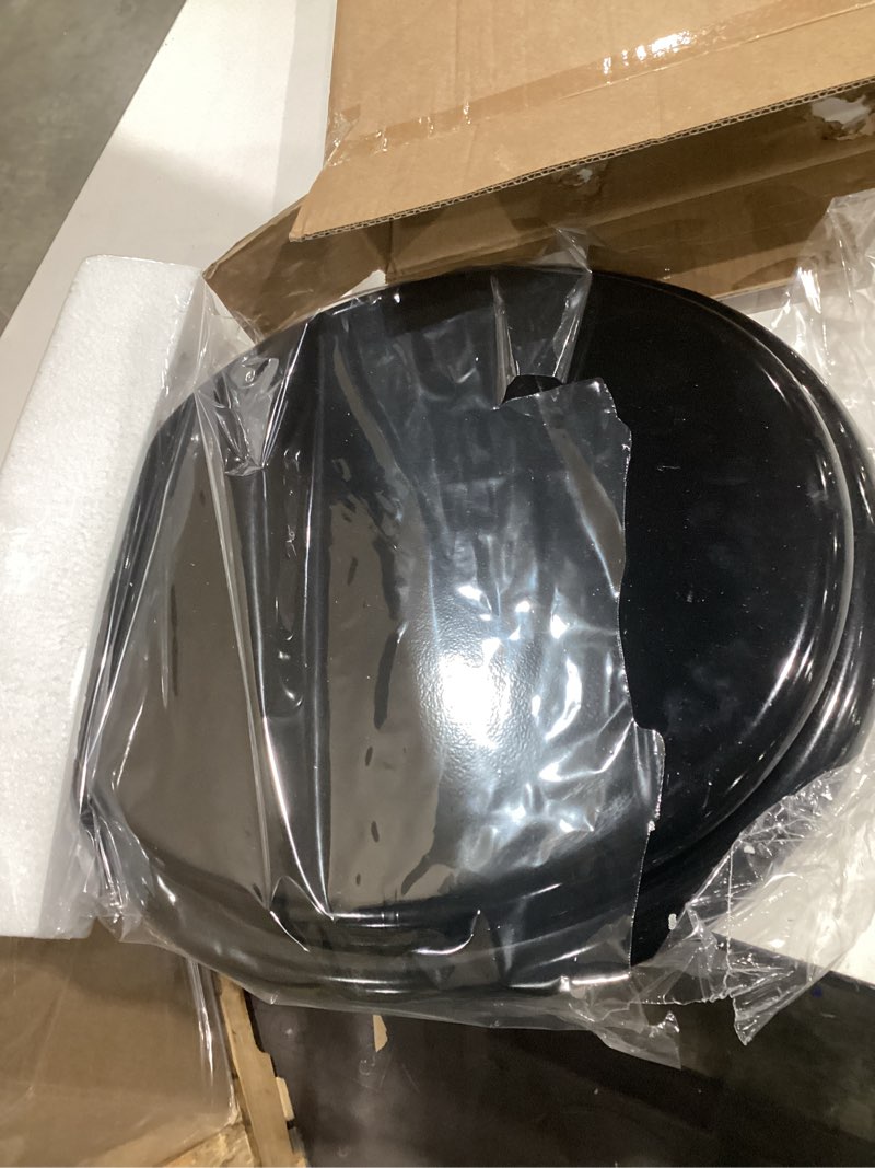 Condition photo showing As Is for deewow round black wood toilet seat, baked enamel process black toilet seats, heavy duty toilet seat round, wood toilet lid with zinc alloy hinge, easy clean, quick-assembled round 16.5" non-soft close hinge