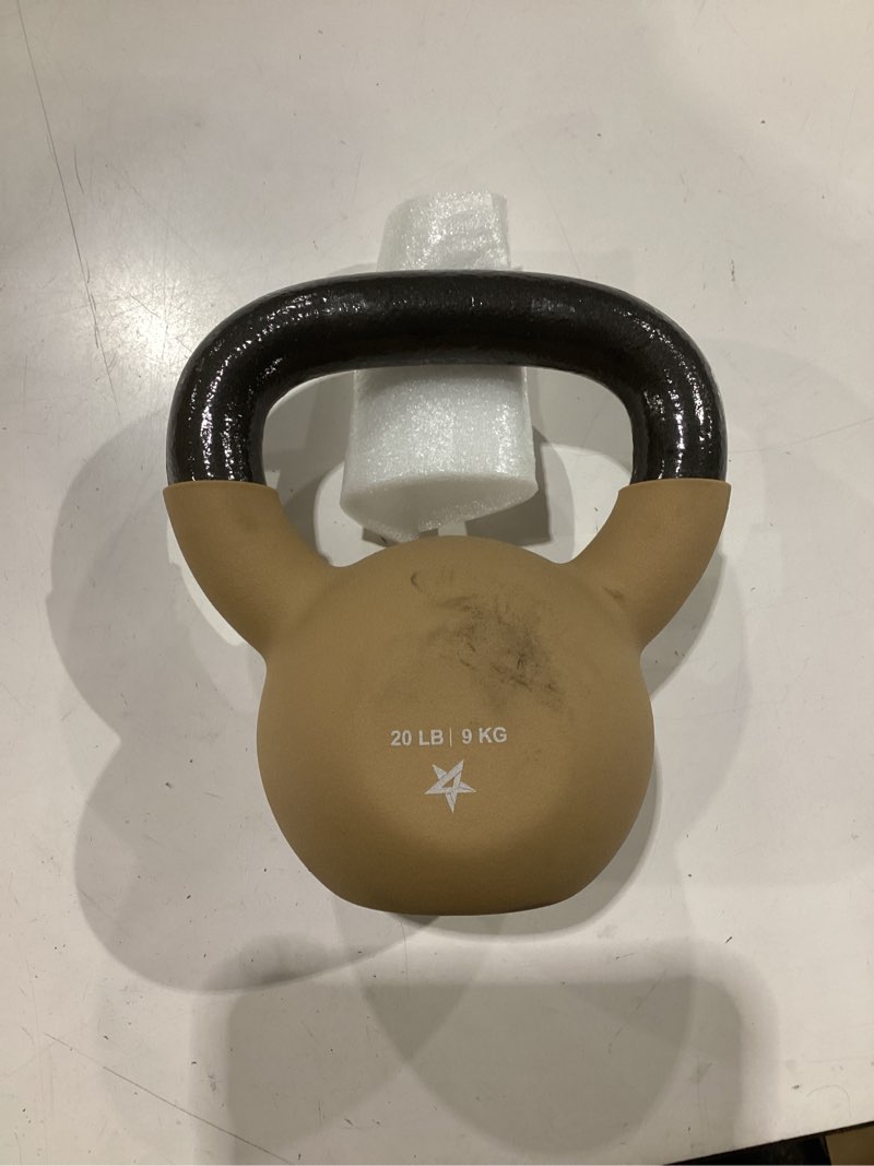 Condition photo showing Good Condition for yes4all kettlebell, 5-65 lb neoprene coated cast iron kettlebells, wide grip handle & flat bottom for swings, squats, deadlifts, push ups & full body training at home gym - single & set a. single f. 20lb - iced latte