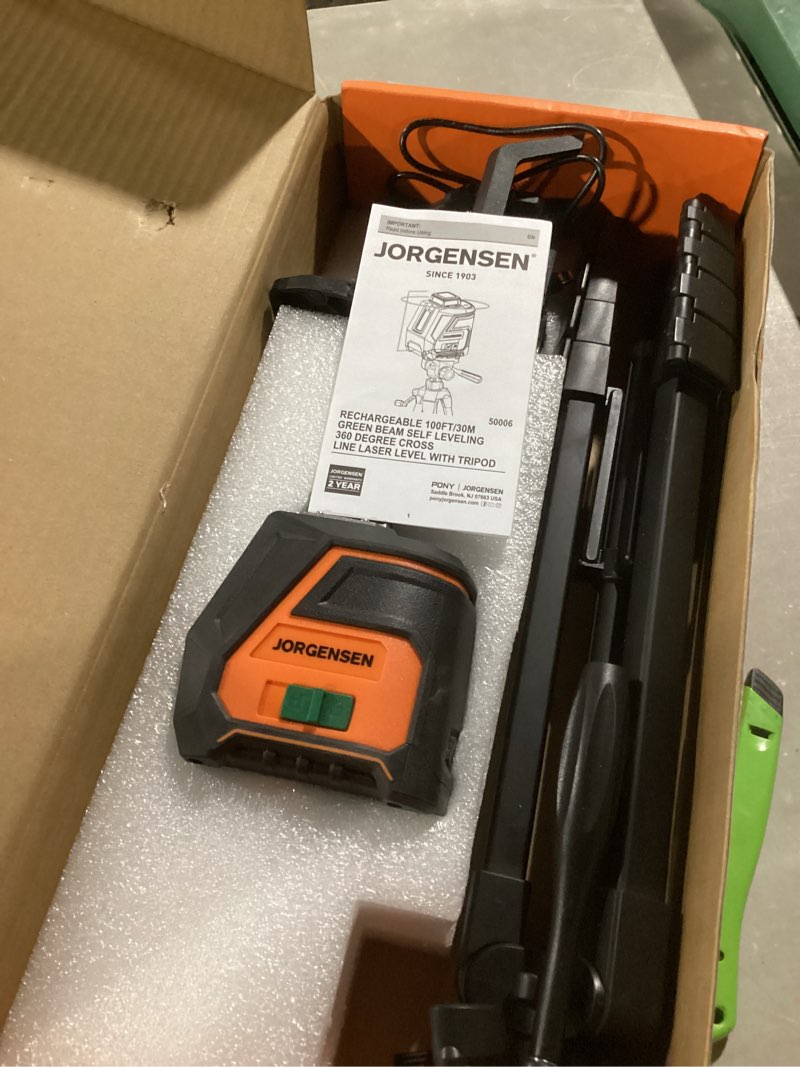 Condition photo showing Good Condition for JORGENSEN 360° Laser Level with Tripod, 100 FT Rechargeable Self Leveling Cross Line Laser Leveler Tool with Magnetic Base, Wide Angle Green Laser Level for Picture Hanging, Floor Tile, Construction