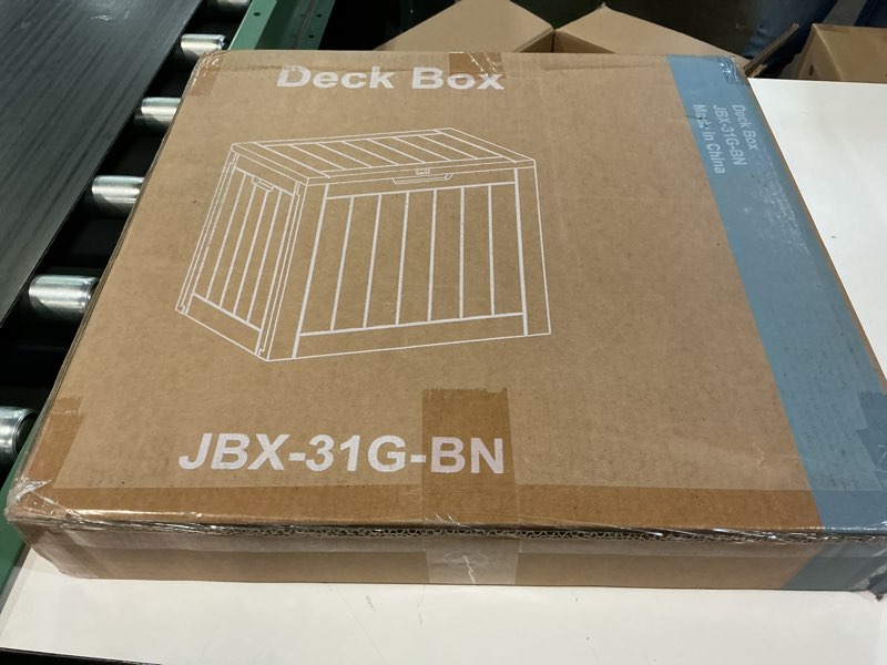 Condition photo showing New/Like New for newbulig 31 gallon deck box, weatherproof resin lockable outdoor storage for secure package deliveries and indoor storage in garden or patio, backyard brown 30 gallon