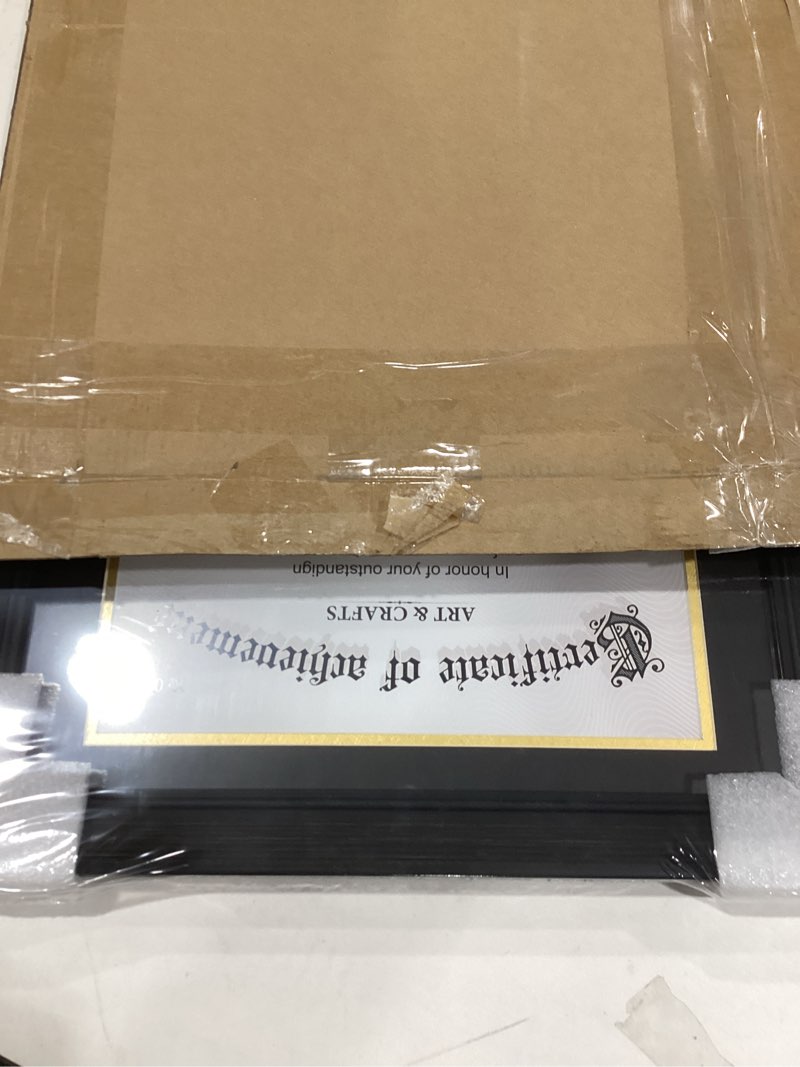 Condition photo showing New/Like New for Yaetm 11x14 Diploma Frame, Certificate Frame with Tempered Glass, Display 8.5x11 Document with Black Over Gold Acid-free Mat, Degree Frames for Wall and Tabletop, Black with Gold Beads, 1 Pack Black Frame with Gold Beads / Black & Gold Mat - 11x14 matted to 8.5x11 1