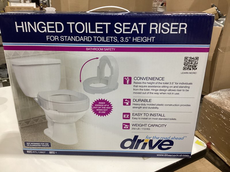 Condition photo showing As Is for drive medical hinged toilet seat riser, standard seat, white