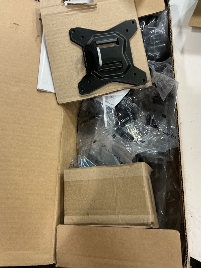 Condition photo showing As Is for huanuo dual monitor mount for 2 monitors up to 30 inches, heavy duty dual monitor stand holds up to 22 lbs, dual monitor arm with height adjustable tilt swive rotate, vesa hole 75mm or 100mm