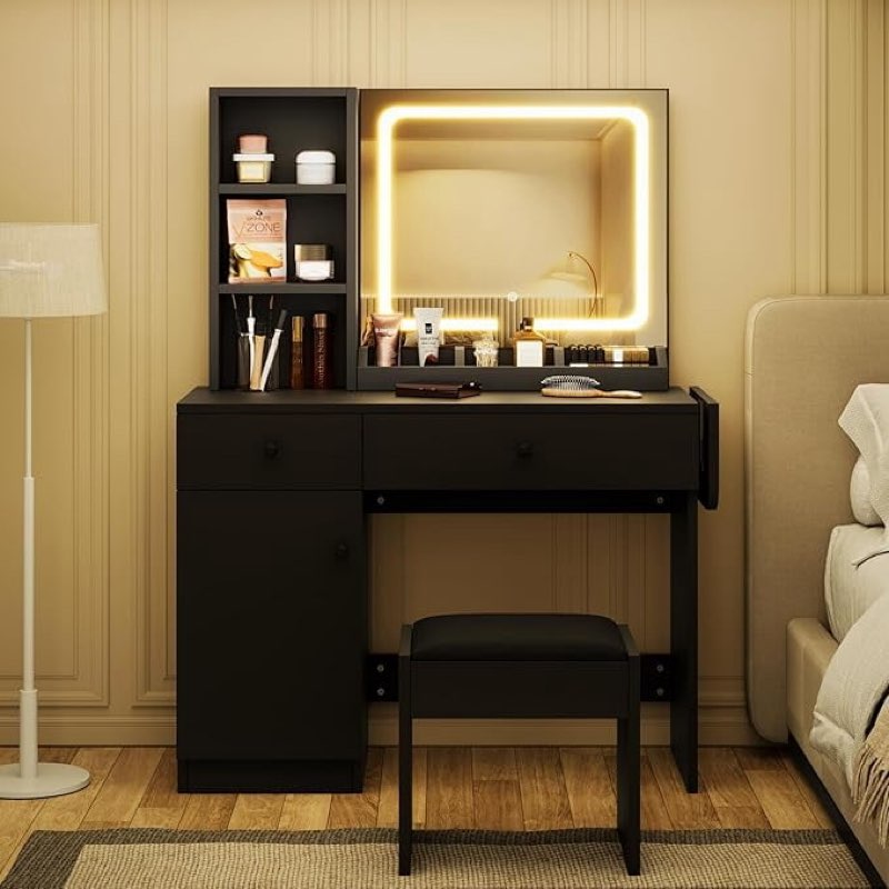 (INCOMPLETE)Vanity Desk with Drawers & Led Lighted Mirror & Power Outlet & Cabinet, Vanity Stool Set with Storage, Stylish Dressing Table Bedroom Makeup Table