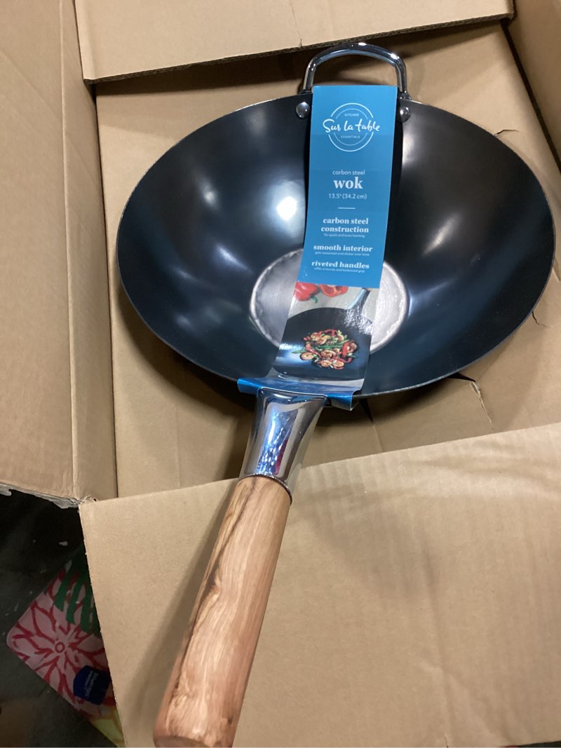 Condition photo showing Good Condition for SUR LA TABLE Kitchen Essentials Quick Fire 13.5" Carbon Steel Flat Bottom Wok – Durable Nonstick Stir Fry Pan