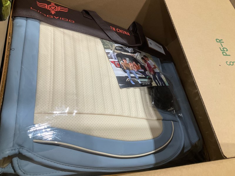 Condition photo showing As Is for LINGVIDO Car Seat Covers, Breathable and Waterproof Faux Leather Automotive Seat Covers for Cars SUV Truck Sedan,Universal Anti-Slip Seat Cover with Backrest (Full Set, White & Light Blue) White-Light blue Full set