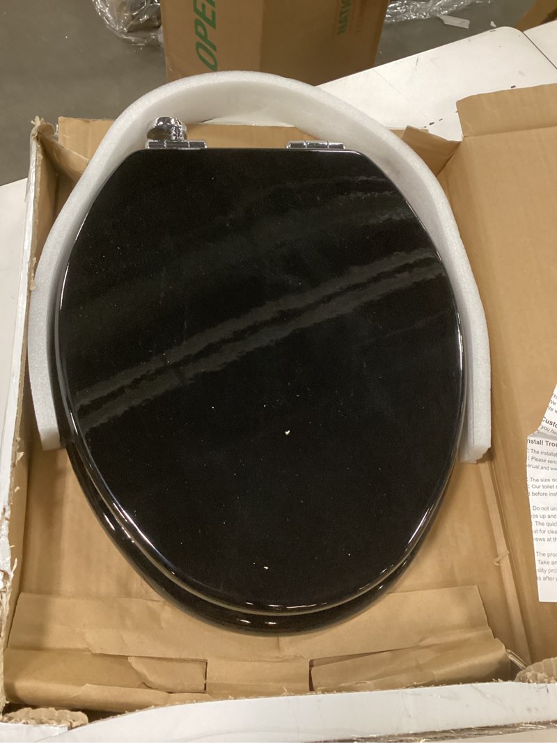Condition photo showing As Is for Angel Shield Toilet Seat with Zinc Alloy Hinges Quiet-Close Quick-Release Wood Molded UV Lid Easy Clean(Elongated,Black)