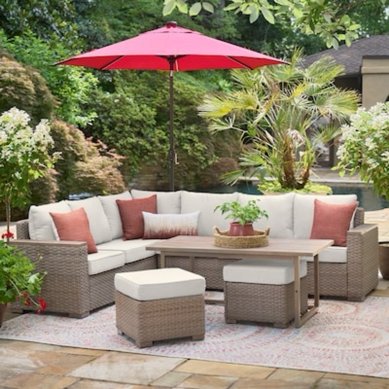 allen + roth rowen rattan outdoor sectional with beige cushions and steel frame