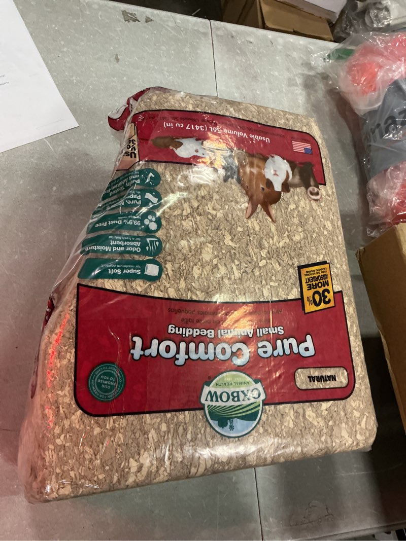 Condition photo showing As Is for oxbow pure comfort bedding, rabbit, hamster, & guinea pig bedding, bunny supplies for litter box, pet safe, 99.9% non-dust, natural, 56 liter bag natural 56 liter