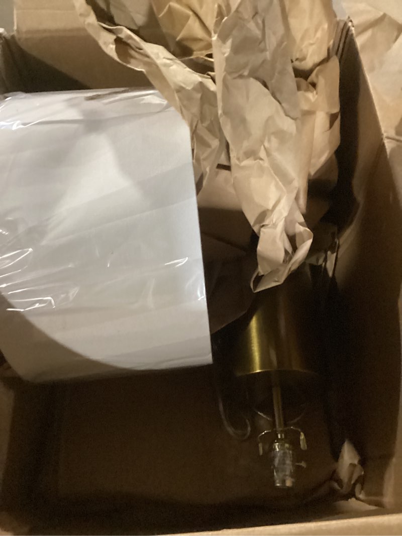 Condition photo showing New/Like New for henn&hart 29.5" mid-century modern 1-light table lamp with white fabric drum shade for living room, bedroom, or office, brass 30" brass