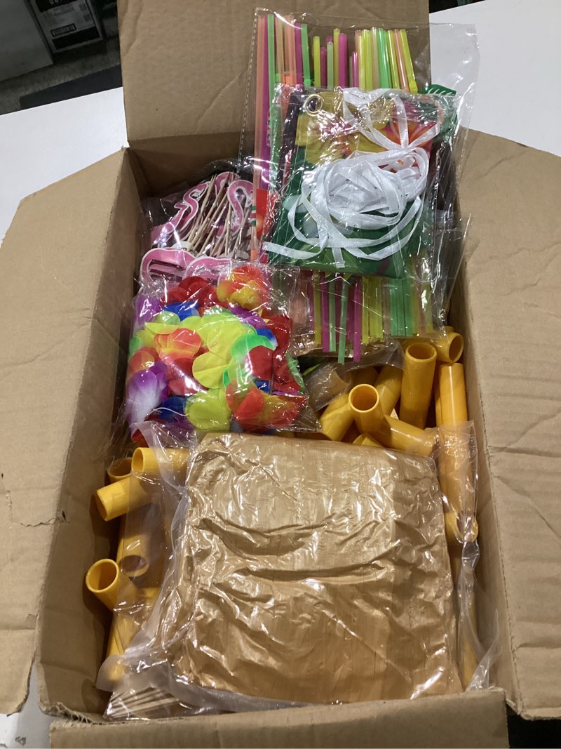 Condition photo showing New/Like New for 153 pcs tiki bar hut kit with roof, portable tiki bar decor with table skirt, leis, banner, flower garland, luau party supplies for pool beach party