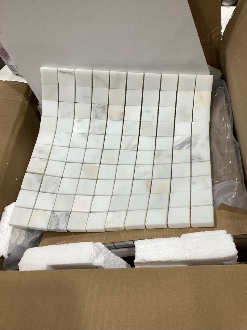 Condition photo showing Good Condition for Lovdeco Calacatta Gold Marble Stone 1 Inch Square Marble Mosaic Tile for Kitchen Wall Bathroom Shower Floor (5 Sheet, Honed)